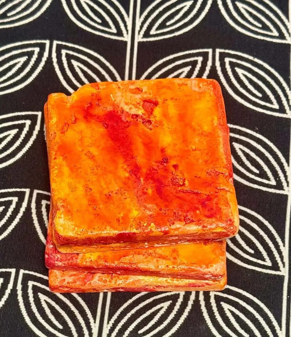 Set of 4 Hand-Crafted Square Ceramic Coasters in Wildfire Red & Orange Glaze
